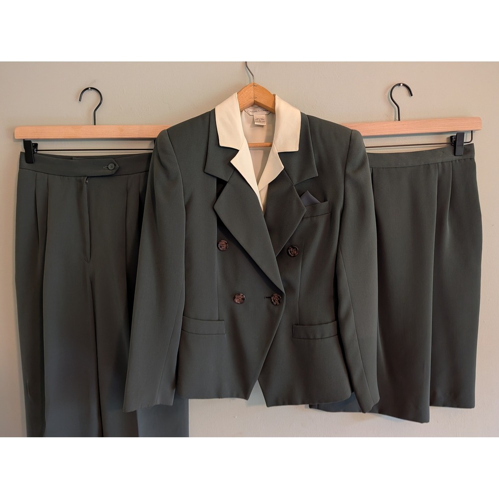 Casual Corner Vintage 4 Piece Suit Set Blazer Pants Skirt Silk Shirt Green 4